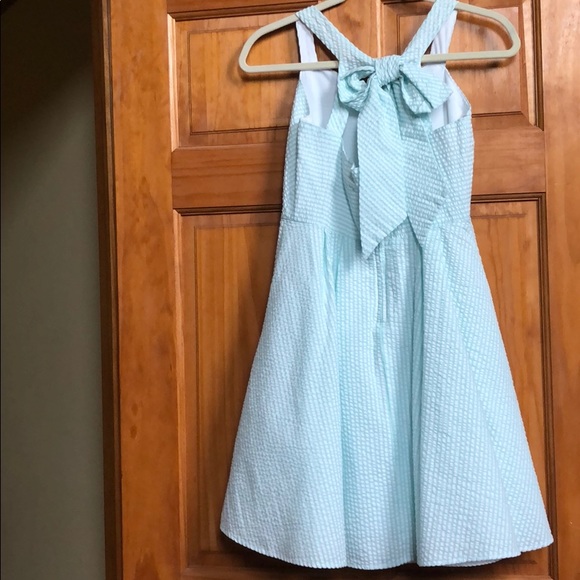 Girls Size 16 Rare Editions Seersucker Blue Striped Lined Sleeveless Dress Bow - Picture 4 of 10